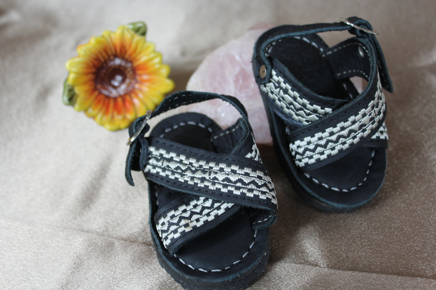Kids & Baby Two Strap Cross Over, black Grekas Embroidered Mexican Huaraches Sandals
