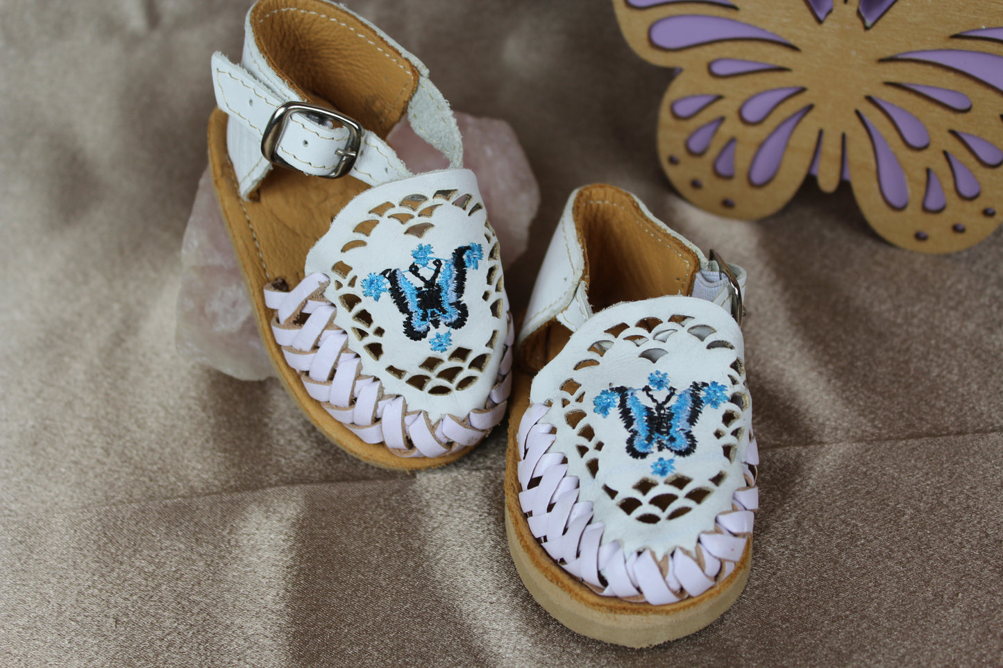 Kids & Baby White, Blue Butterfly Ankle Strap Mexican Huaraches Sandals