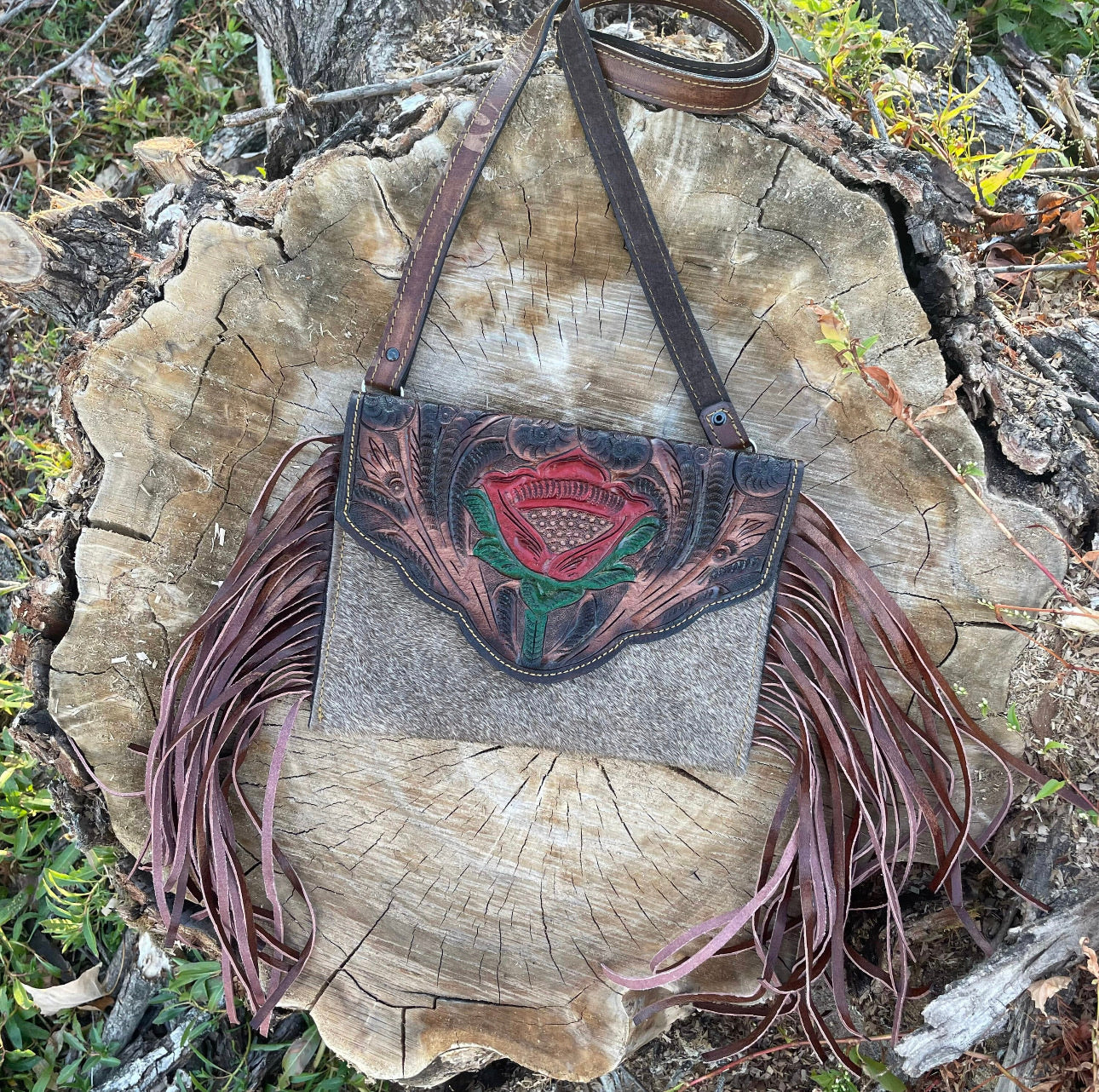 Handmade hand tooled western hair on hide fringe crossbody purse