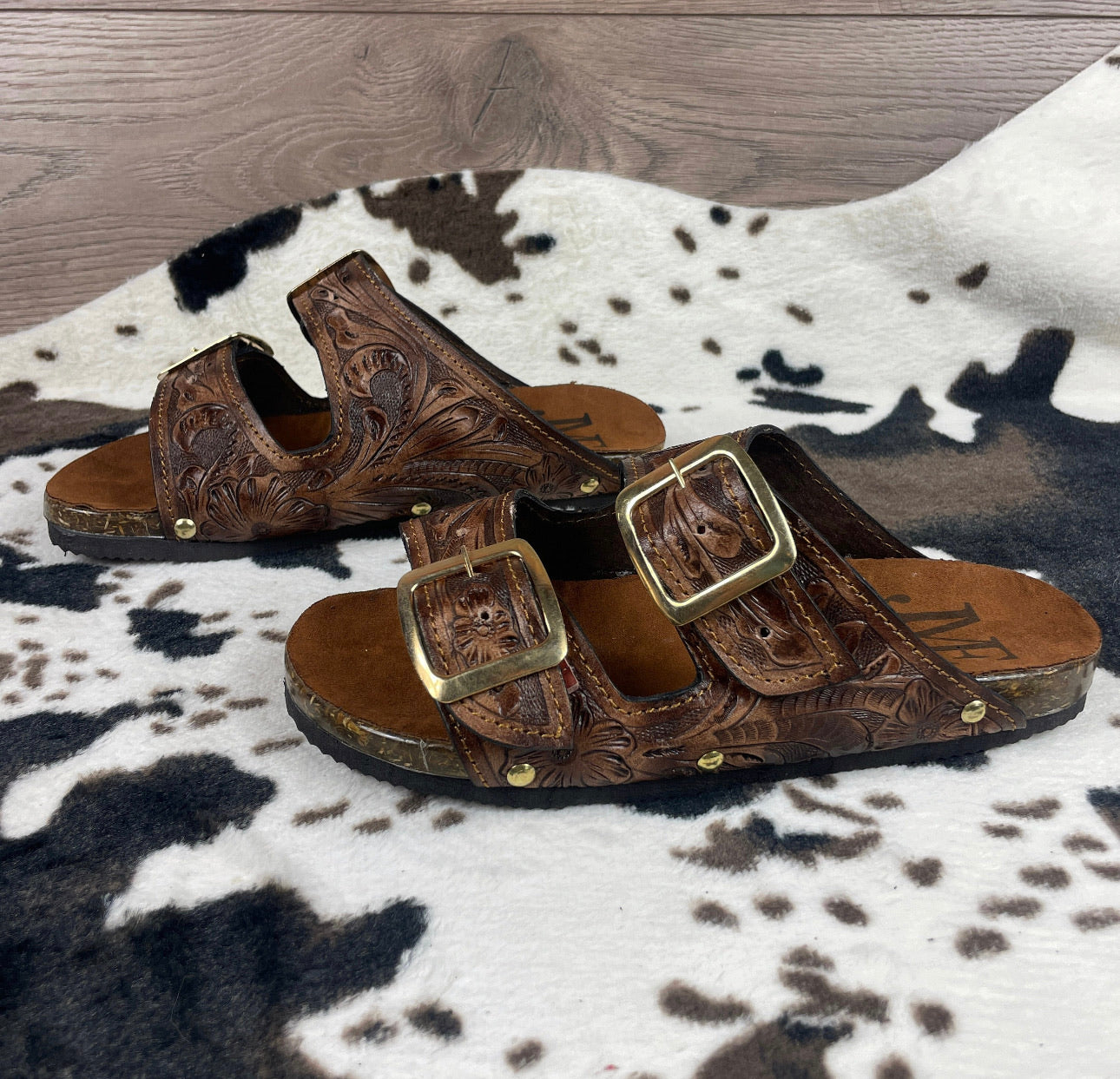 Beautiful handmade hand tooled leather double strap sandals - Size 8US models JJWesternAccessories