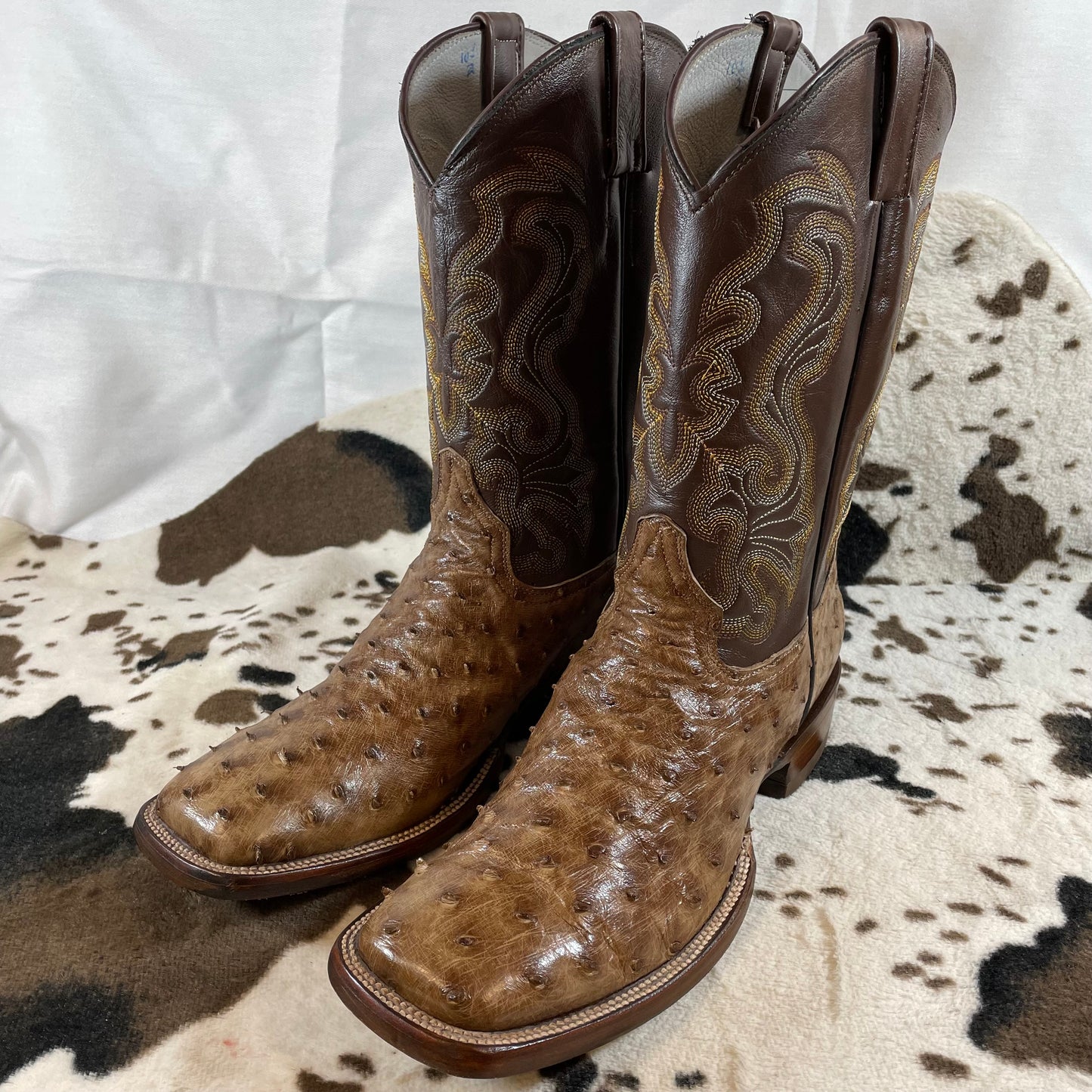 Men's authentic ostrich leather western denim boots, tobacco leather, size 9.5 US