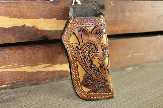 Brown Leather Sheath Hand Toodled Knife Holster, Funda de Navaja Cincelado