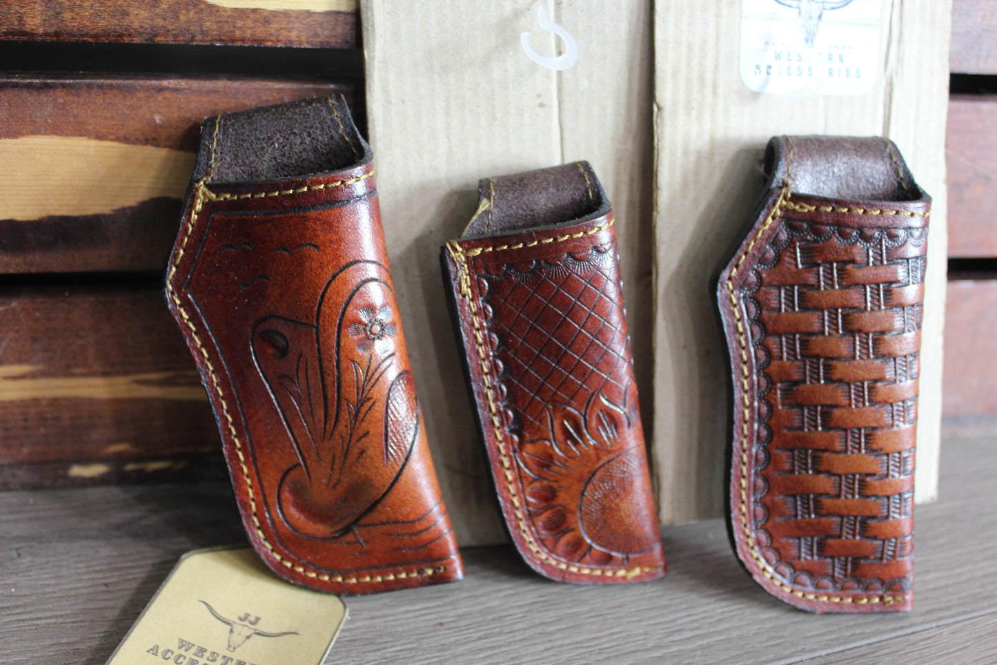 Brown Leather Sheath Hand Toodled Knife Holster, Funda de Navaja Cincelado