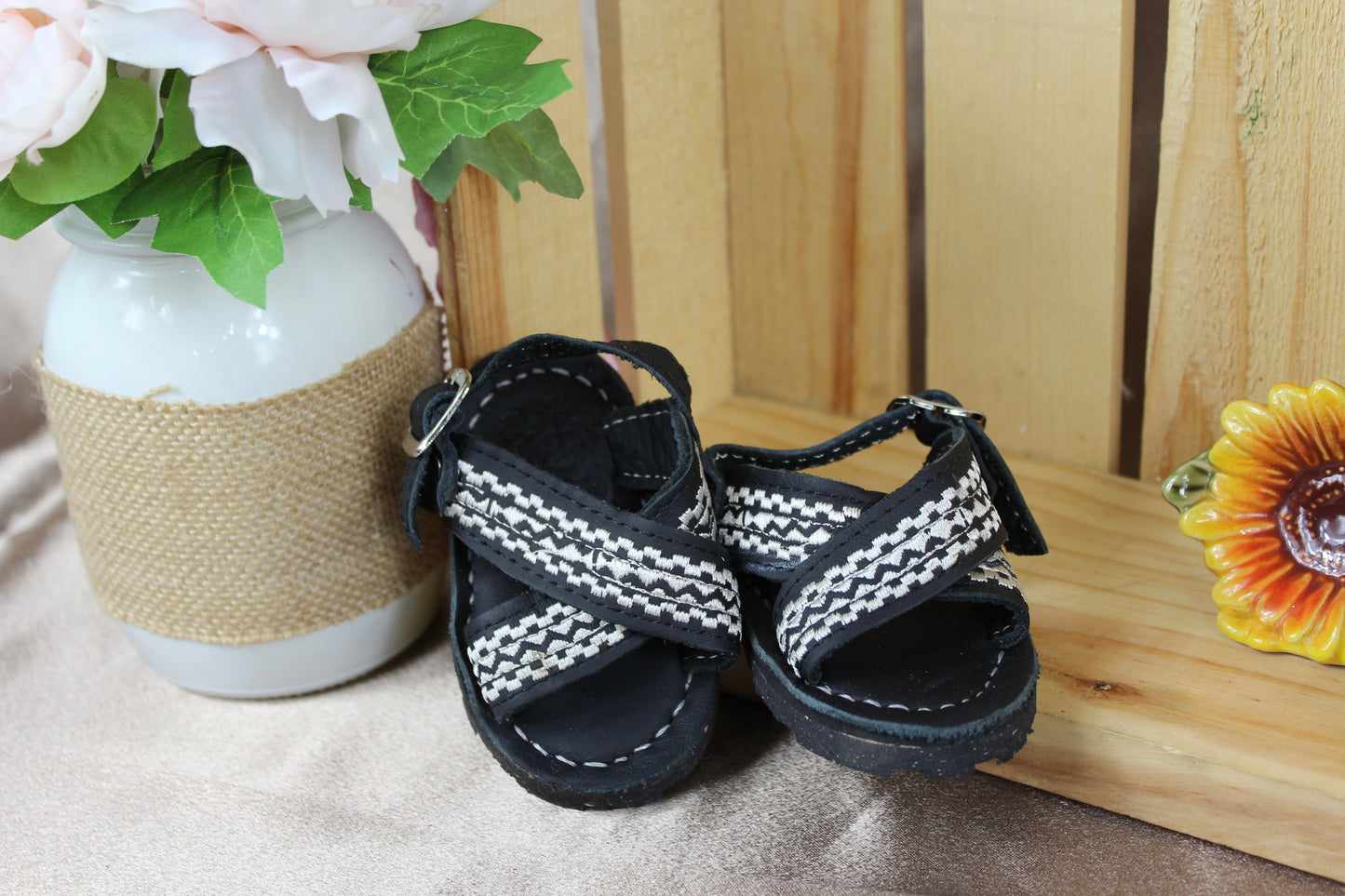 Kids & Baby Two Strap Cross Over, black Grekas Embroidered Mexican Huaraches Sandals