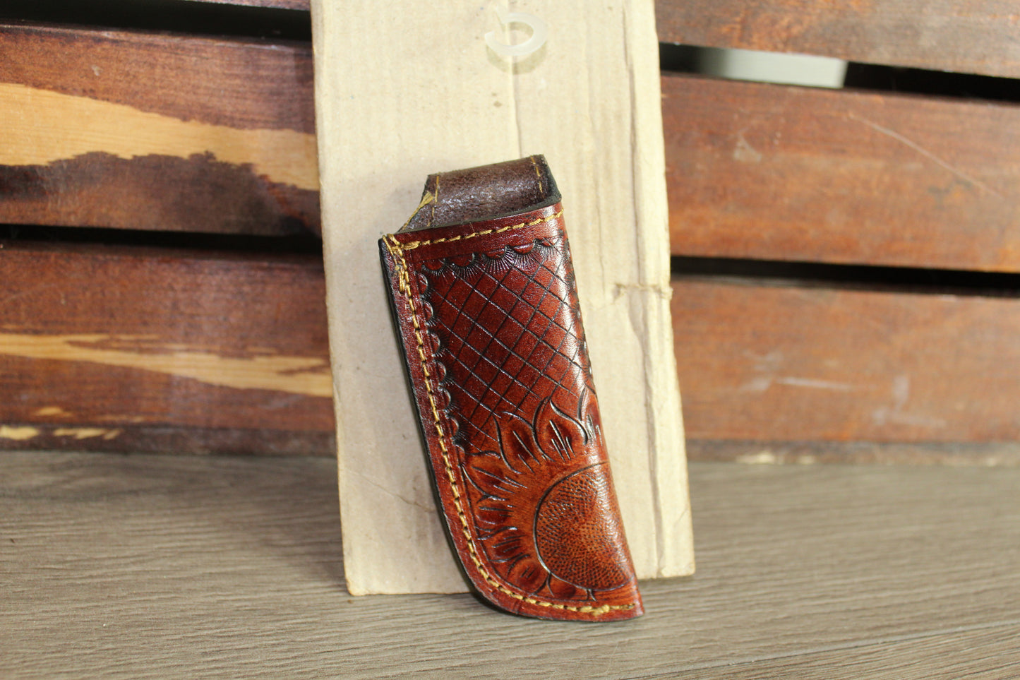 Brown Leather Sheath Hand Toodled Knife Holster, Funda de Navaja Cincelado