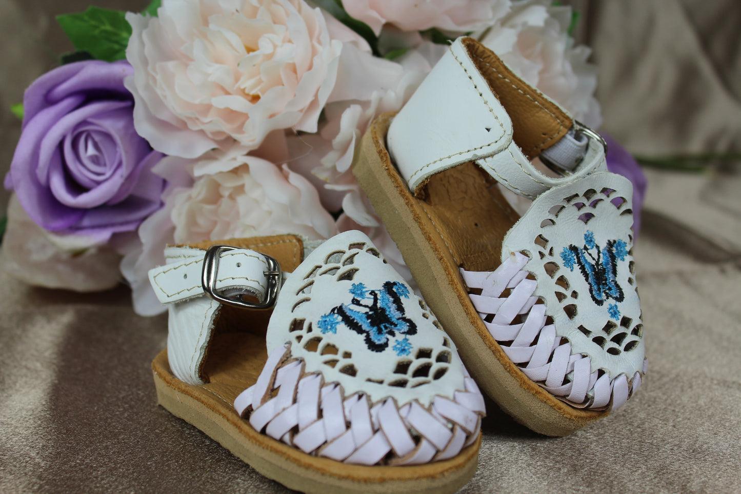 Kids & Baby White, Blue Butterfly Ankle Strap Mexican Huaraches Sandals