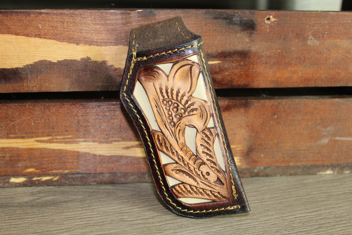 Brown Leather Sheath Hand Toodled Knife Holster, Funda de Navaja Cincelado