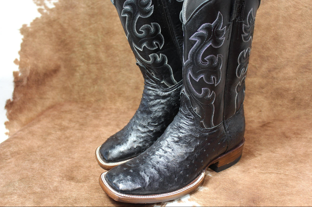 Genuine Western ostish leather cowboy boots, black, size 9.5 US. USA.