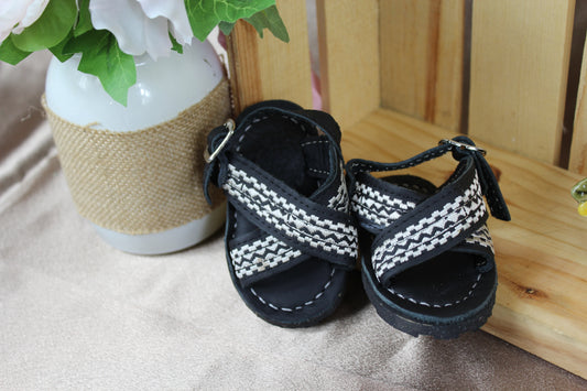 Kids & Baby Two Strap Cross Over, black Grekas Embroidered Mexican Huaraches Sandals