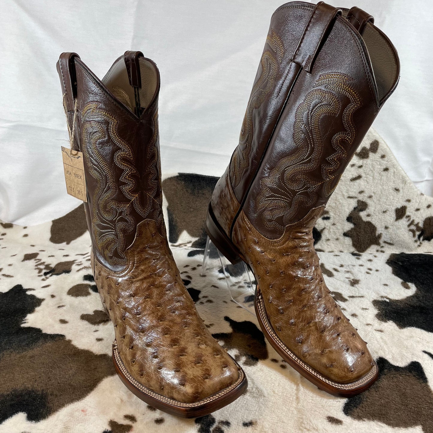 Men's authentic ostrich leather western denim boots, tobacco leather, size 9.5 US