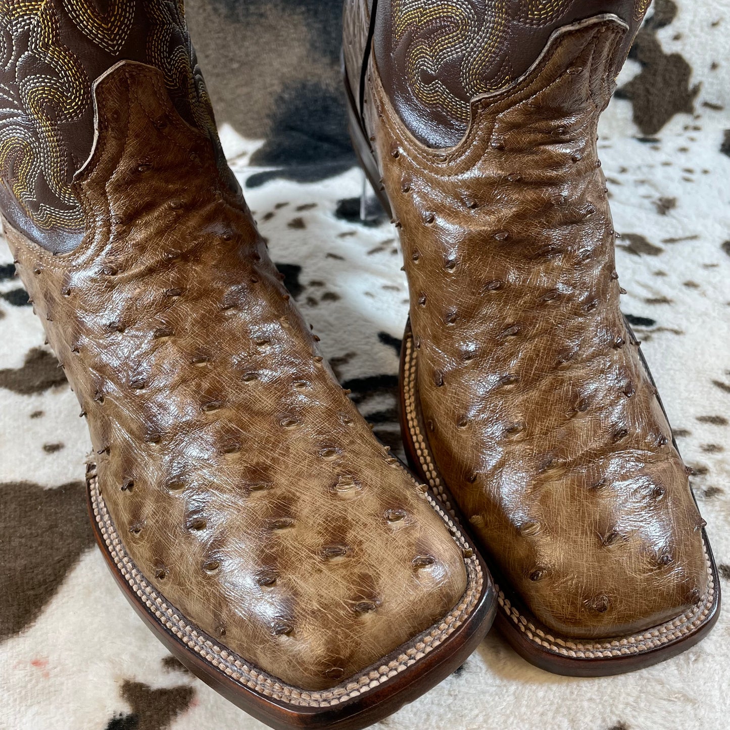 Men's authentic ostrich leather western denim boots, tobacco leather, size 9.5 US