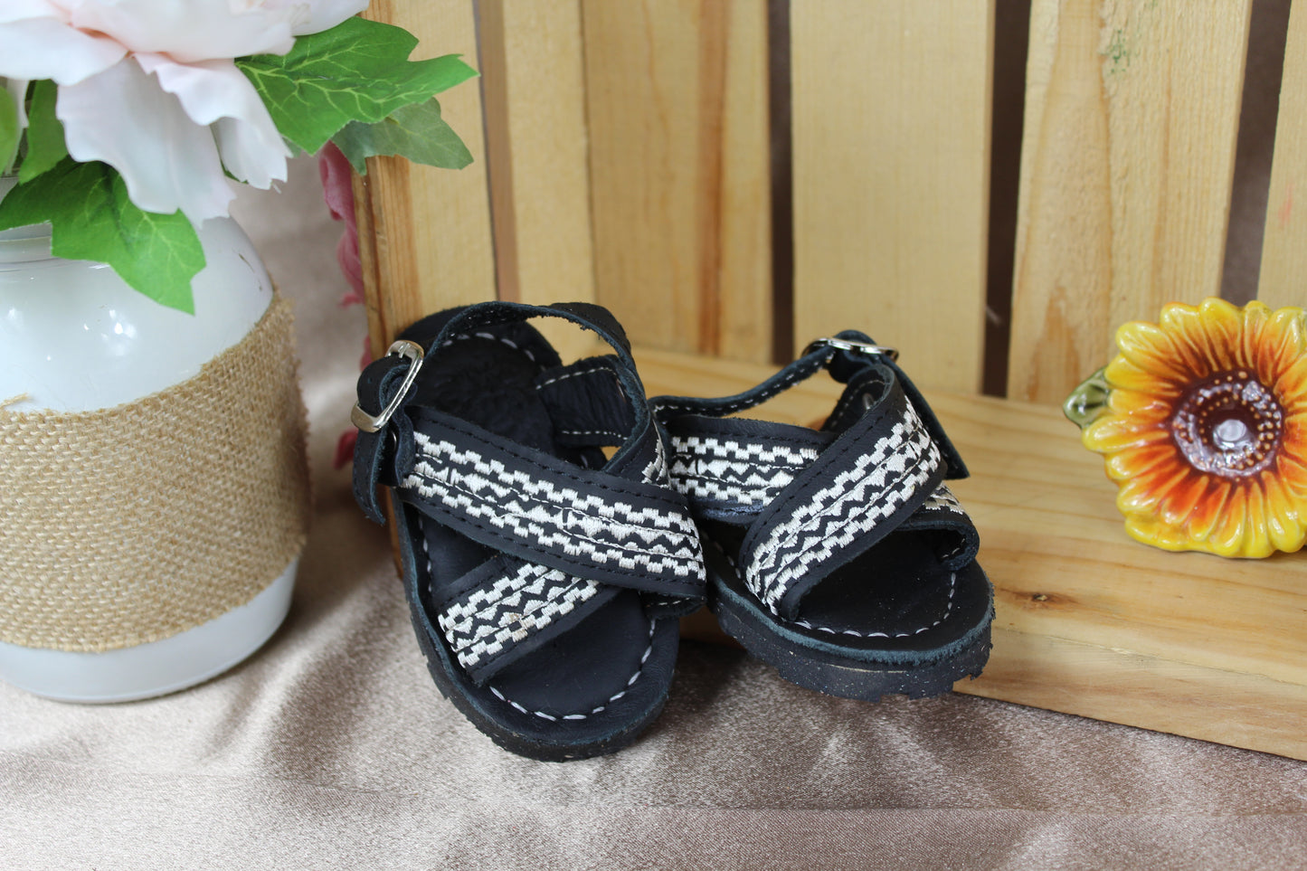 Kids & Baby Two Strap Cross Over, black Grekas Embroidered Mexican Huaraches Sandals