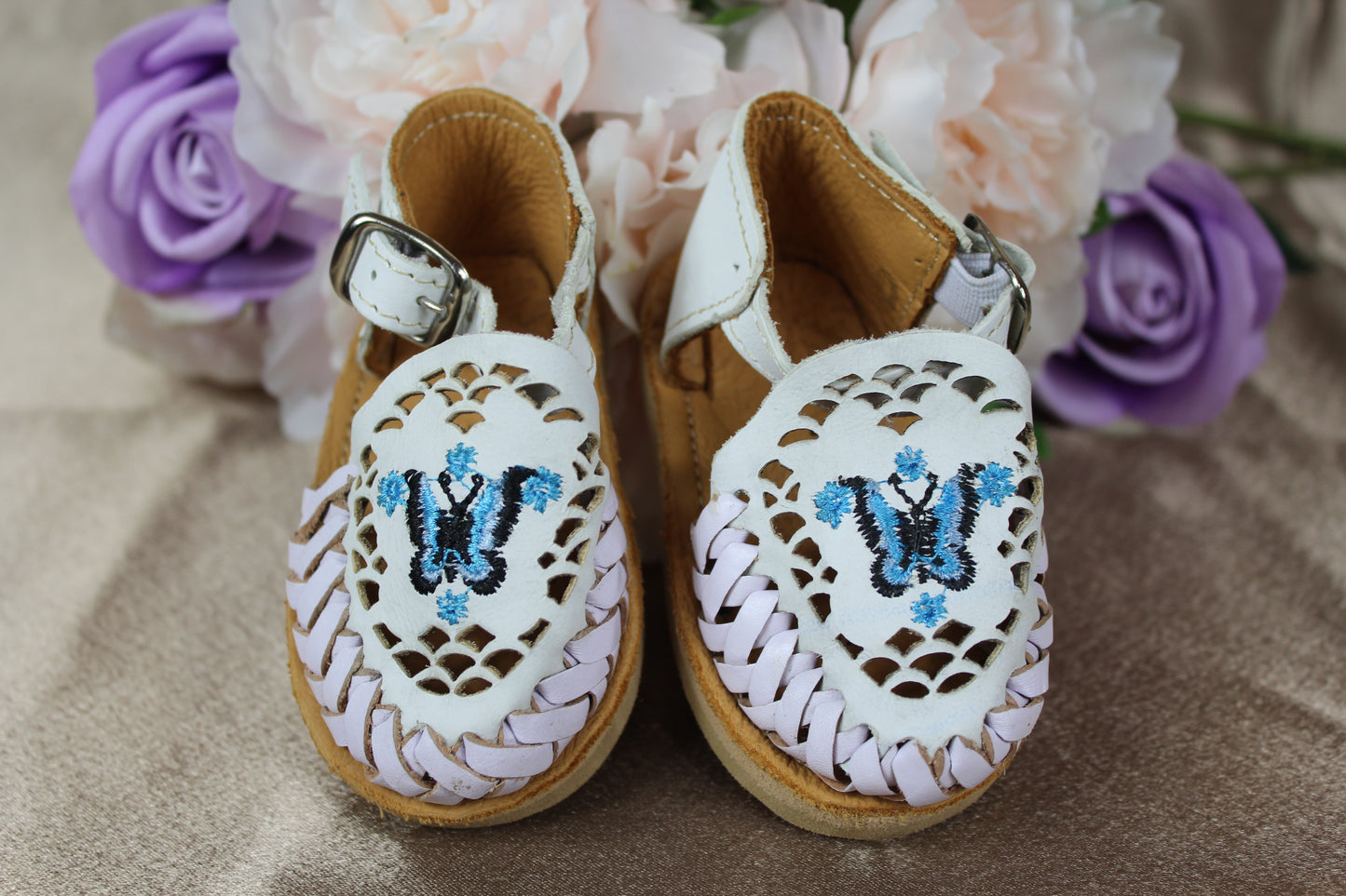 Kids & Baby White, Blue Butterfly Ankle Strap Mexican Huaraches Sandals