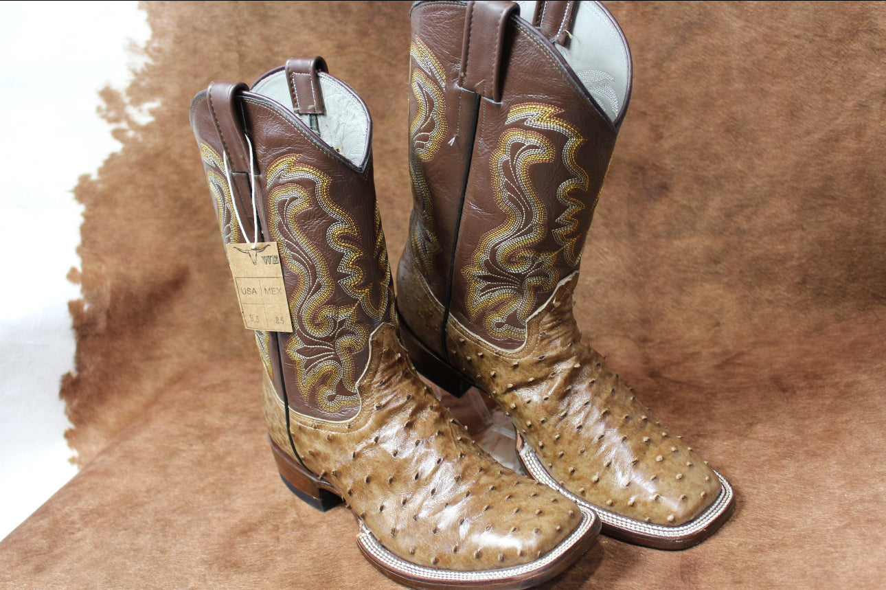 Men's authentic ostrich leather western denim boots, tobacco leather, size 9.5 US