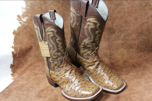 Men's authentic ostrich leather western denim boots, tobacco leather, size 9.5 US