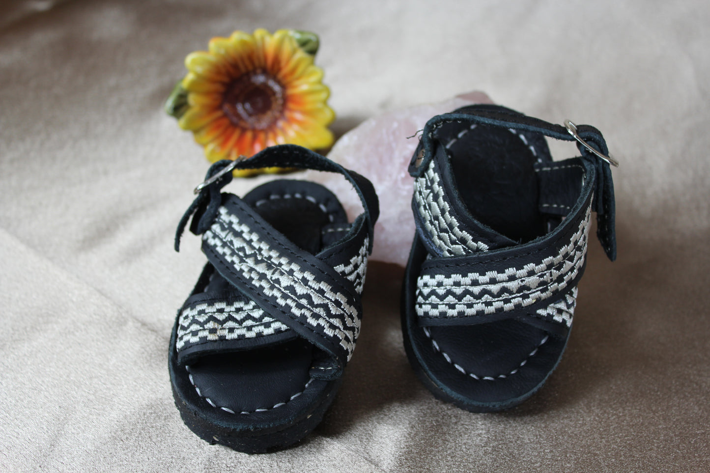 Kids & Baby Two Strap Cross Over, black Grekas Embroidered Mexican Huaraches Sandals