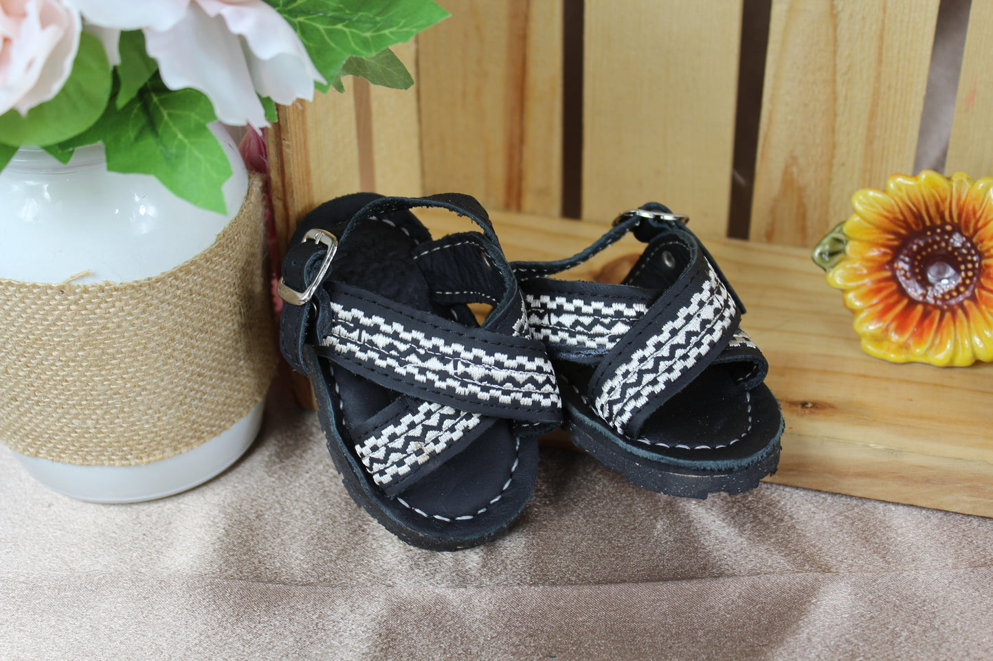 Kids & Baby Two Strap Cross Over, black Grekas Embroidered Mexican Huaraches Sandals