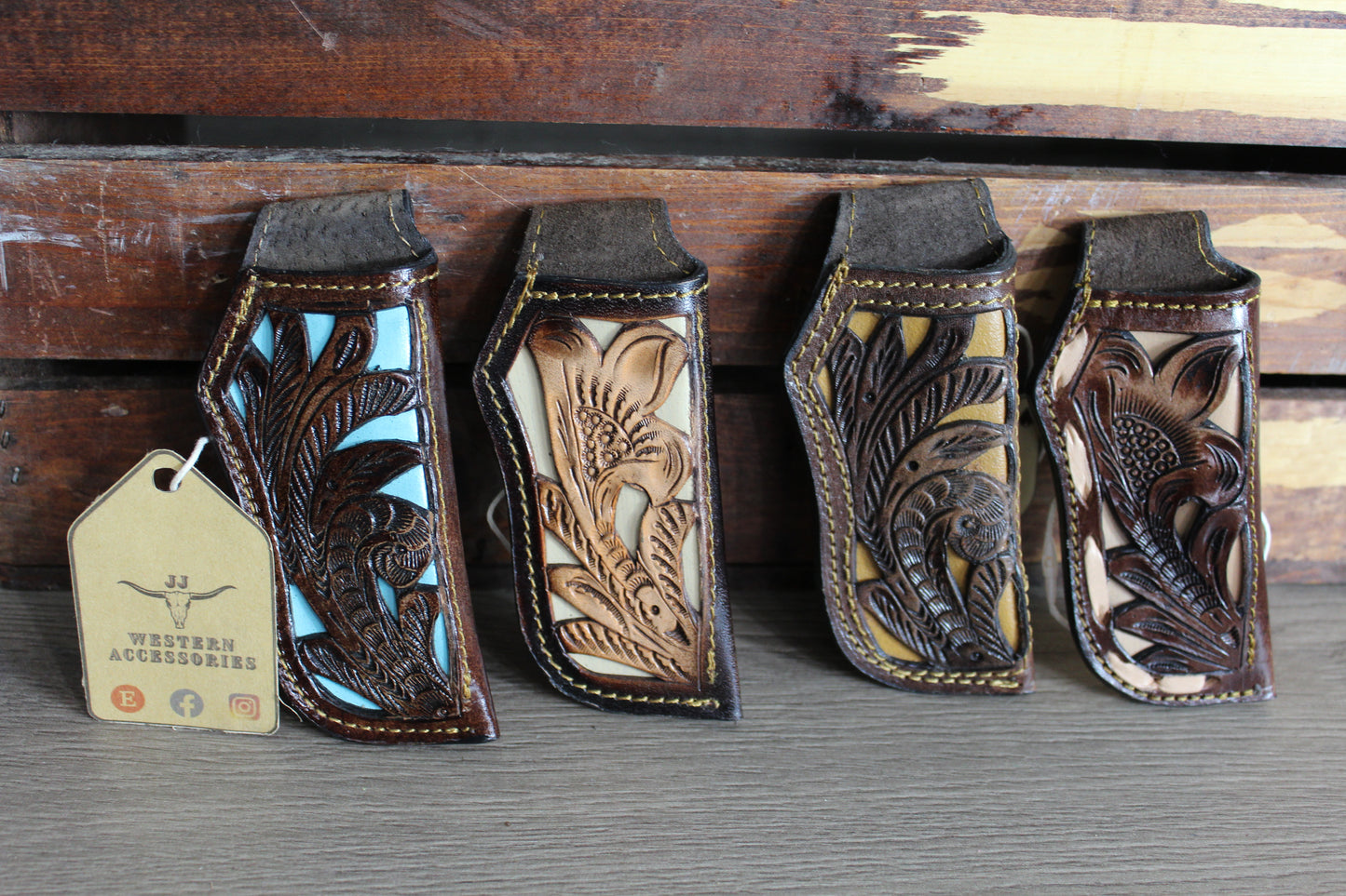 Brown Leather Sheath Hand Toodled Knife Holster, Funda de Navaja Cincelado