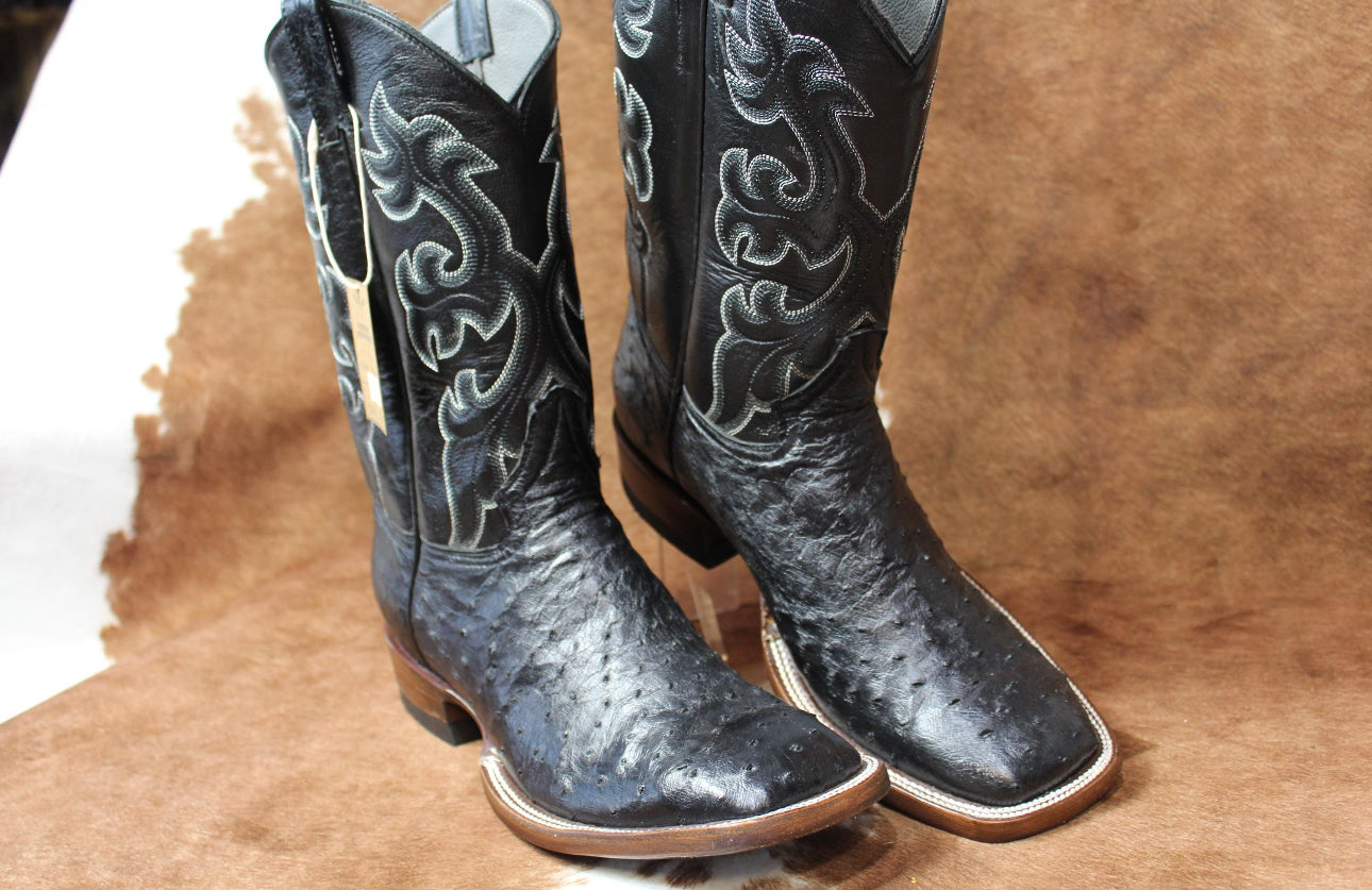 Genuine Western ostish leather cowboy boots, black, size 9.5 US. USA.