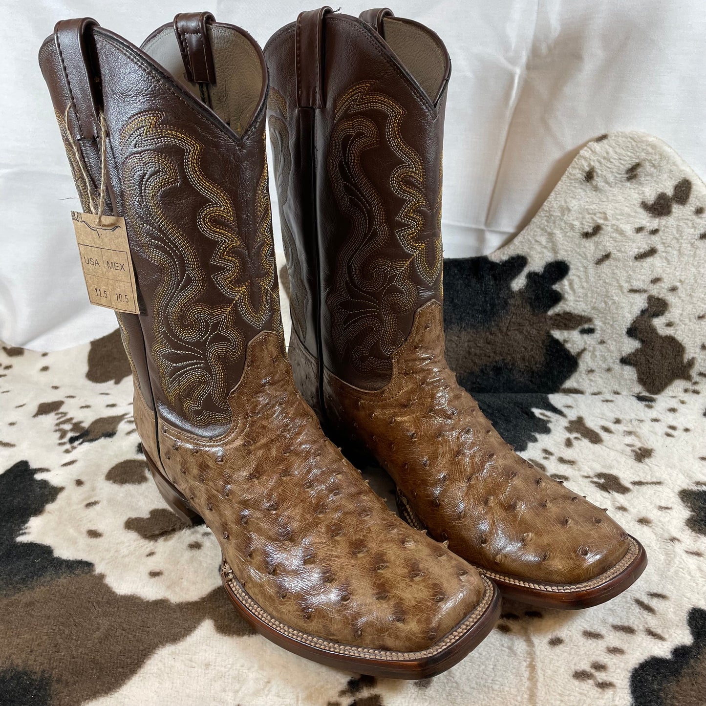 Men's authentic ostrich leather western denim boots, tobacco leather, size 9.5 US