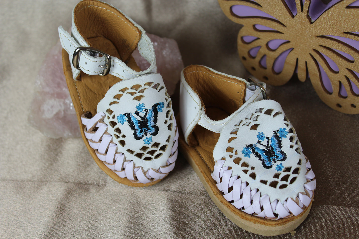 Kids & Baby White, Blue Butterfly Ankle Strap Mexican Huaraches Sandals