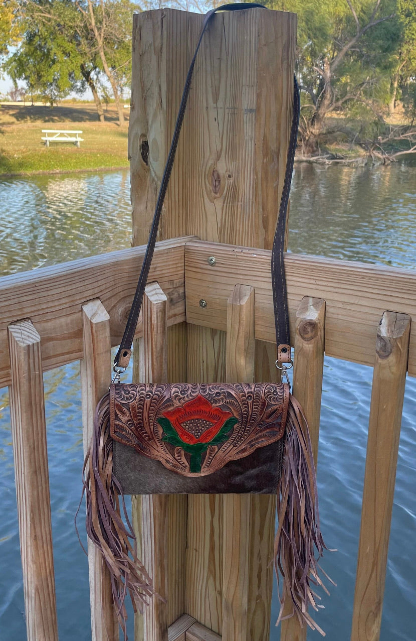 Handmade hand tooled western hair on hide fringe crossbody purse