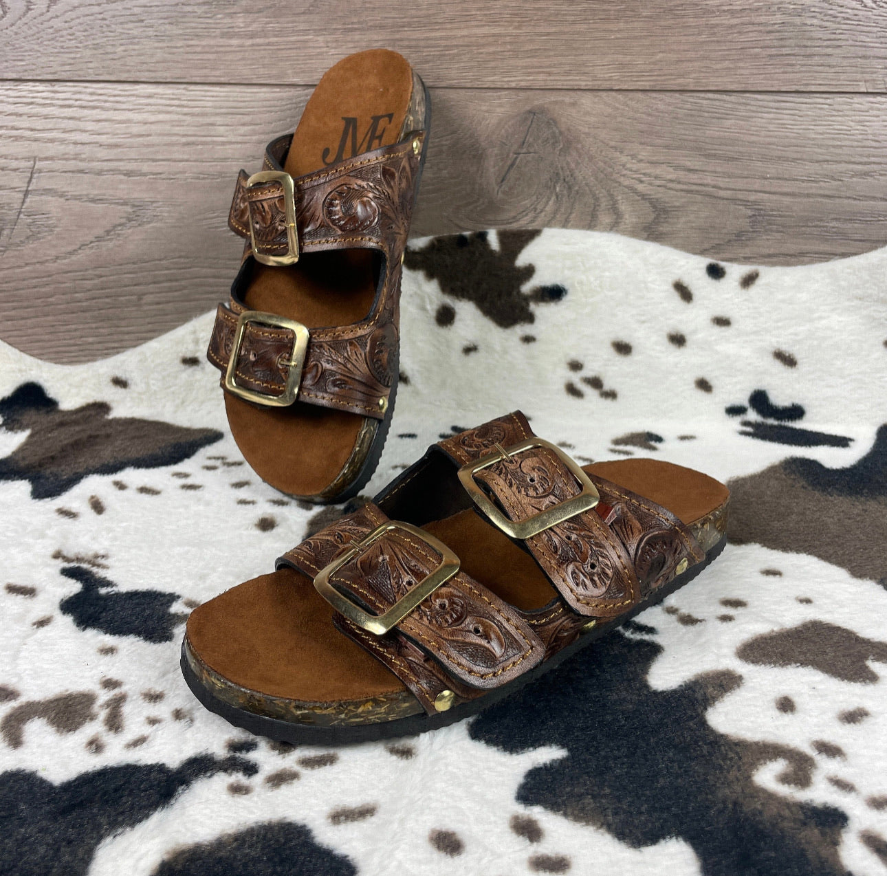 Beautiful handmade hand tooled leather double strap sandals - Size 7US models