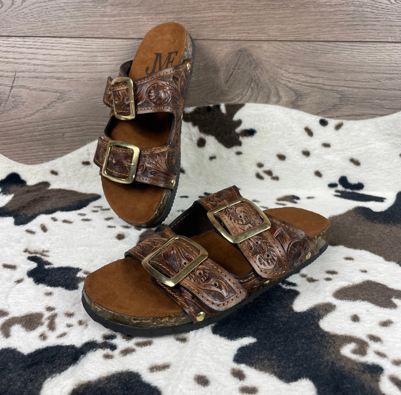 Beautiful handmade hand tooled leather double strap sandals - Size 6US models
