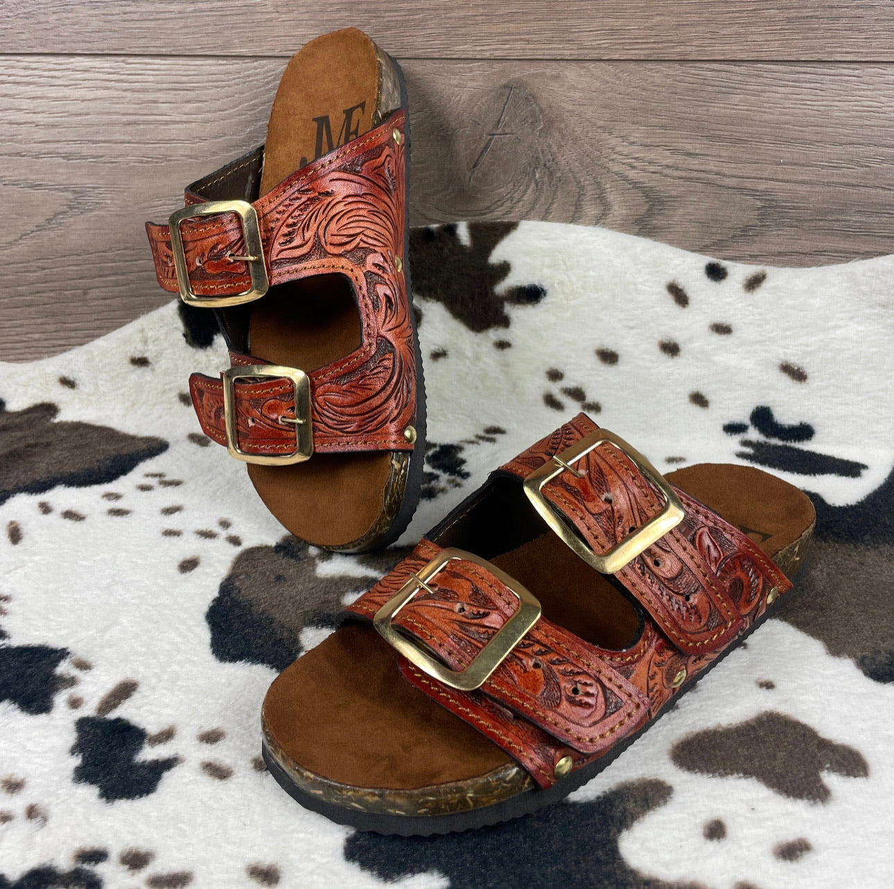 Beautiful handmade hand tooled leather double strap sandals - Size 7US models