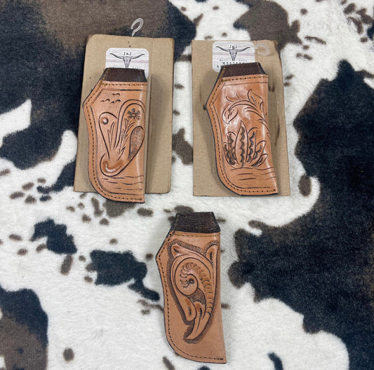 Biege Leather Sheath Hand Toodled Knife Holster, Funda de Navaja Cincelado