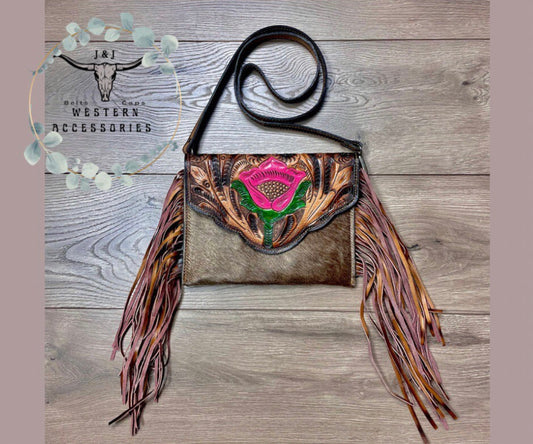 Handmade hand tooled western hair on hide fringe crossbody purse