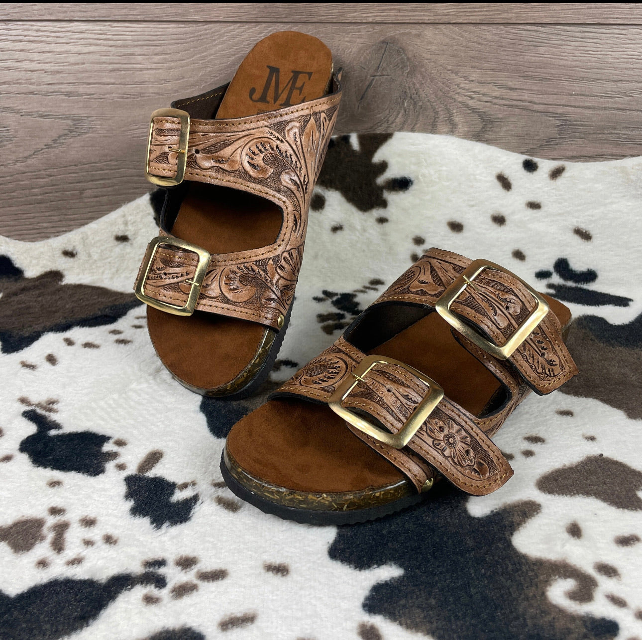 Beautiful handmade hand tooled leather double strap sandals - Size 8US models JJWesternAccessories