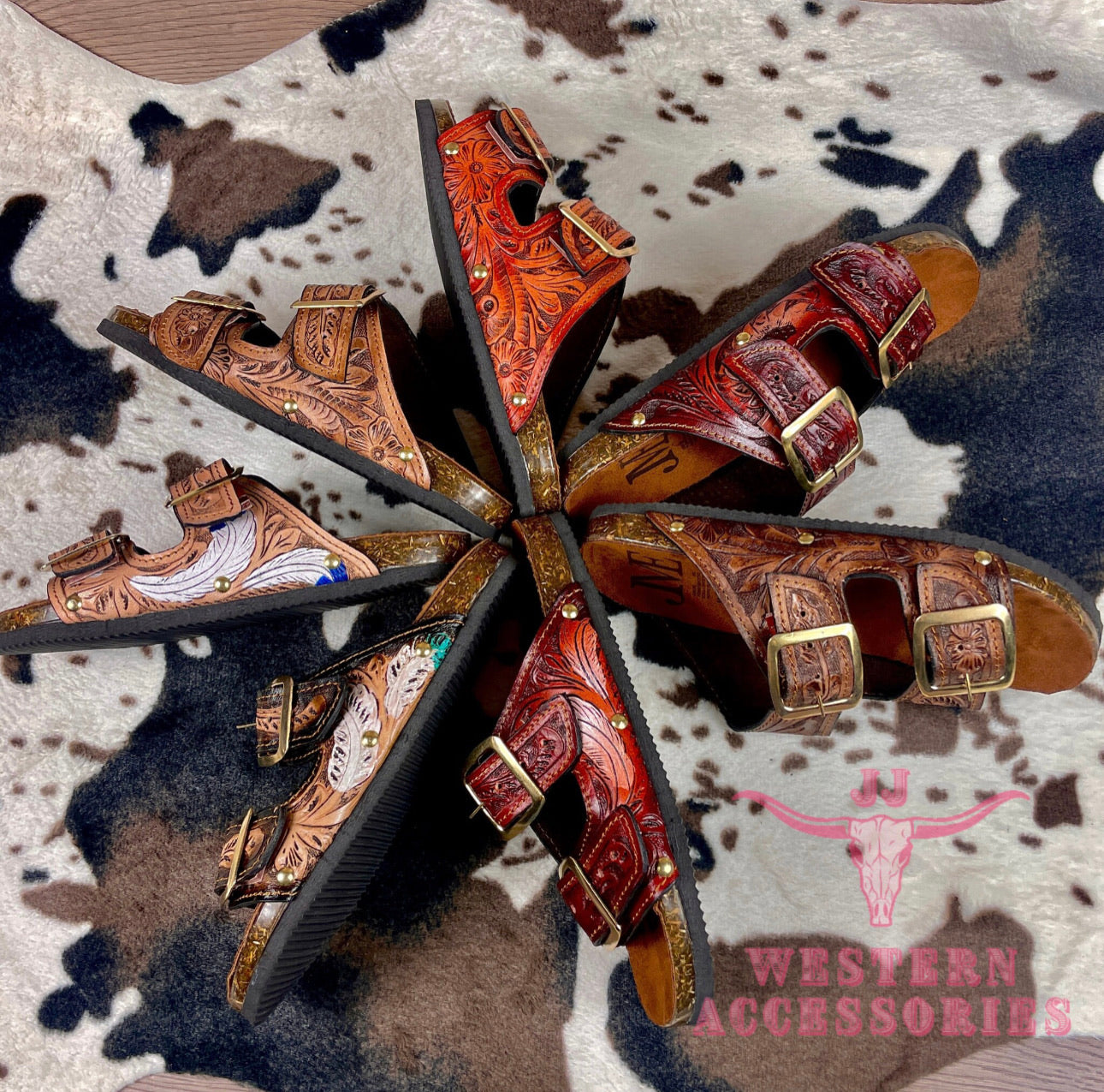 Beautiful handmade hand tooled leather double strap sandals - Size 8US models JJWesternAccessories