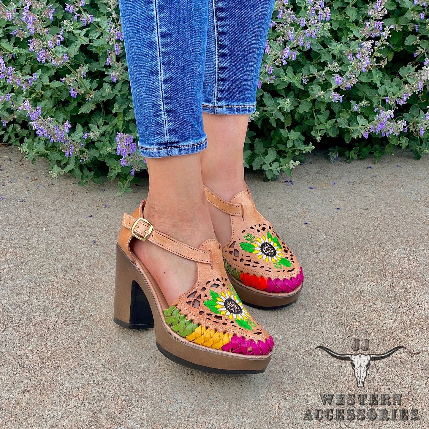 Huaraches Mexicanos Tacon Laser Girasol Laser Cut Sunflower Heel Sandal