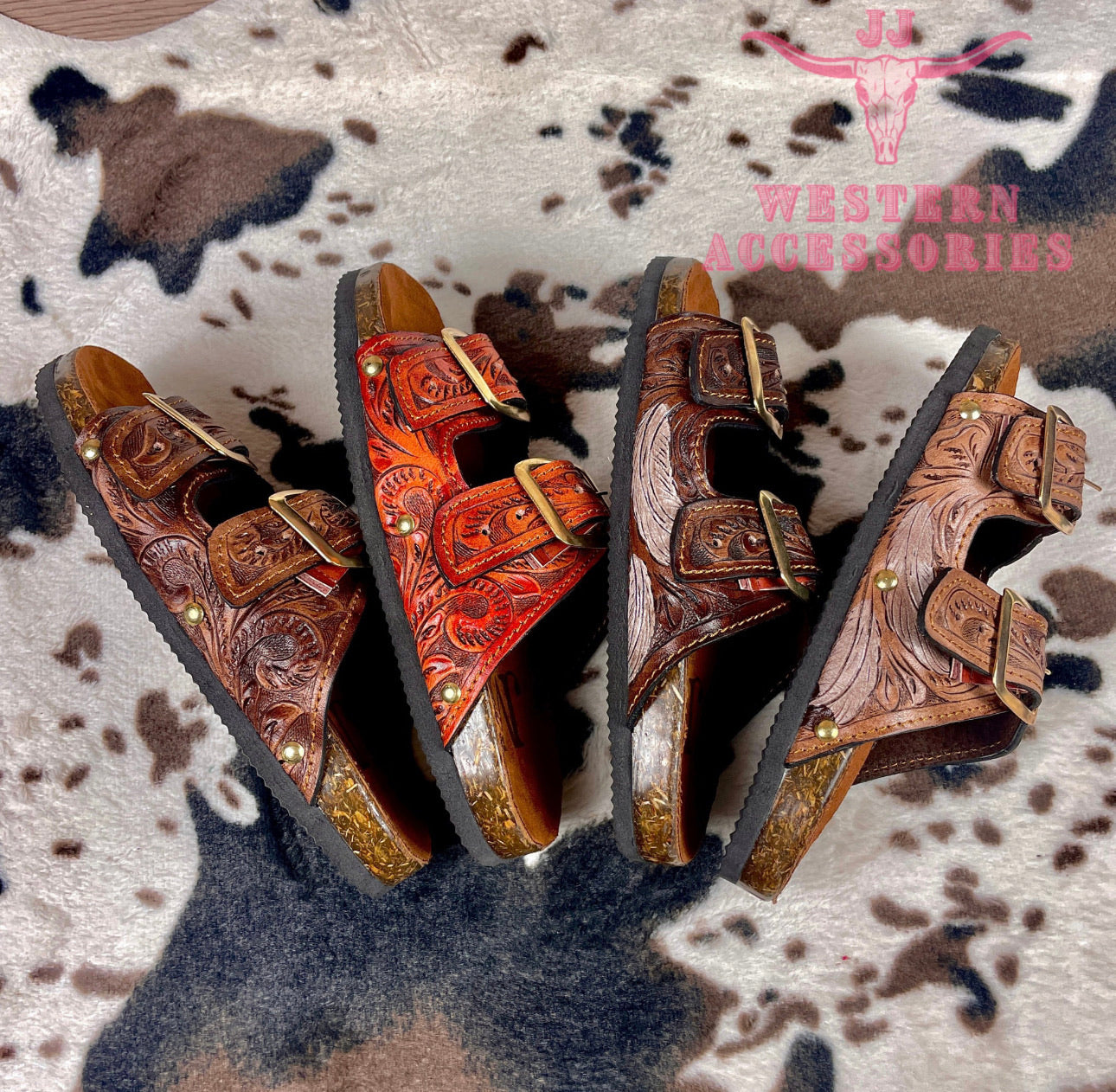 Beautiful handmade hand tooled leather double strap sandals - Size 7US models