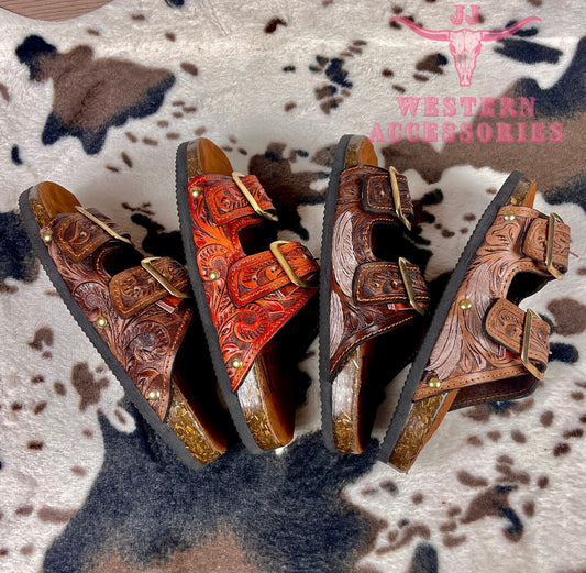 Beautiful handmade hand tooled leather double strap sandals - Size 7US models