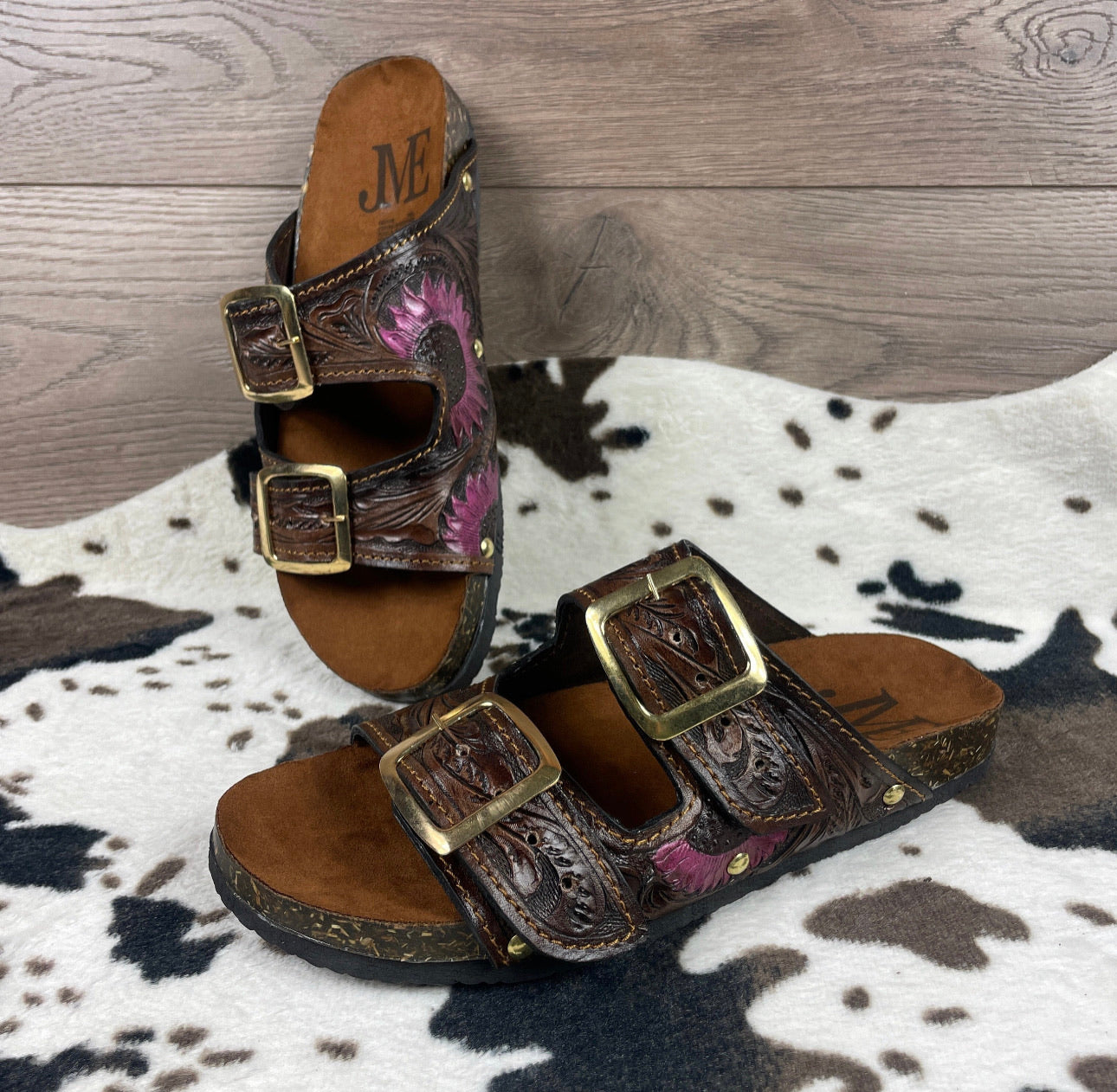 Beautiful handmade hand tooled leather double strap sandals - Size 10US models