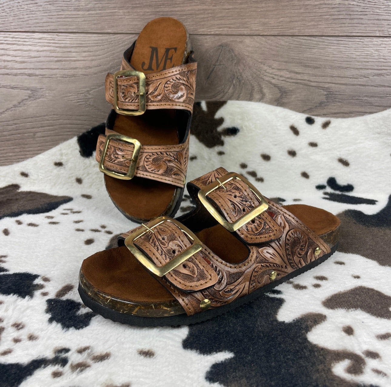Beautiful handmade hand tooled leather double strap sandals - Size 6US models