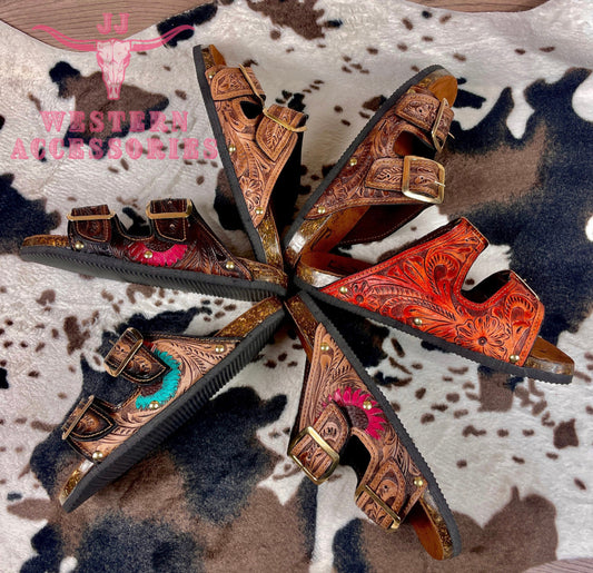 Beautiful handmade hand tooled leather double strap sandals - Size 9US models