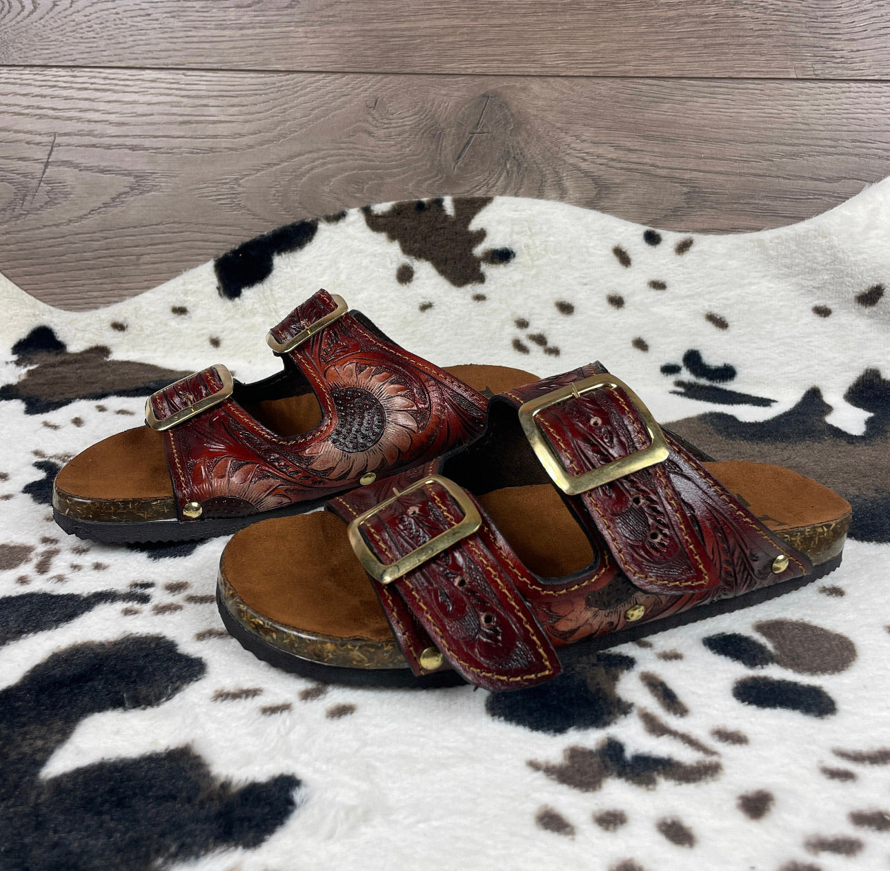 Beautiful handmade hand tooled leather double strap sandals - Size 8US models JJWesternAccessories