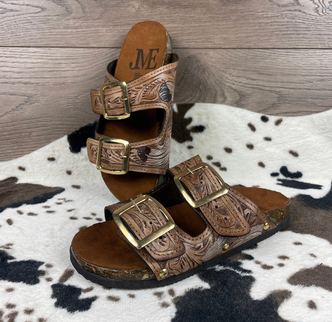 Beautiful handmade hand tooled leather double strap sandals - Size 7US models