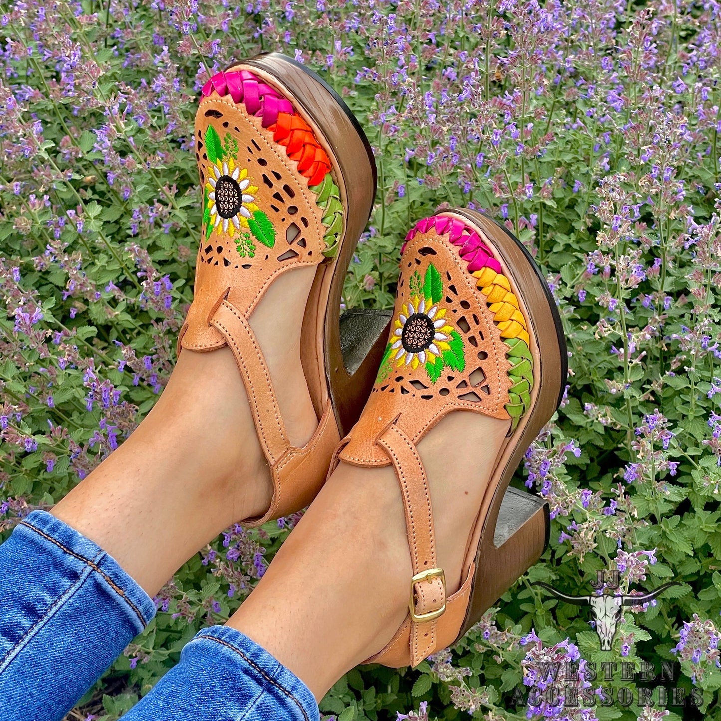 Huaraches Mexicanos Tacon Laser Girasol Laser Cut Sunflower Heel Sandal