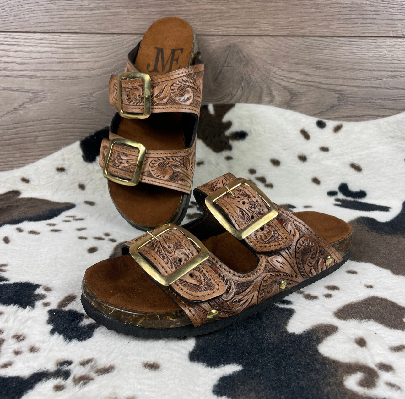 Beautiful handmade hand tooled leather double strap sandals - Size 10US models