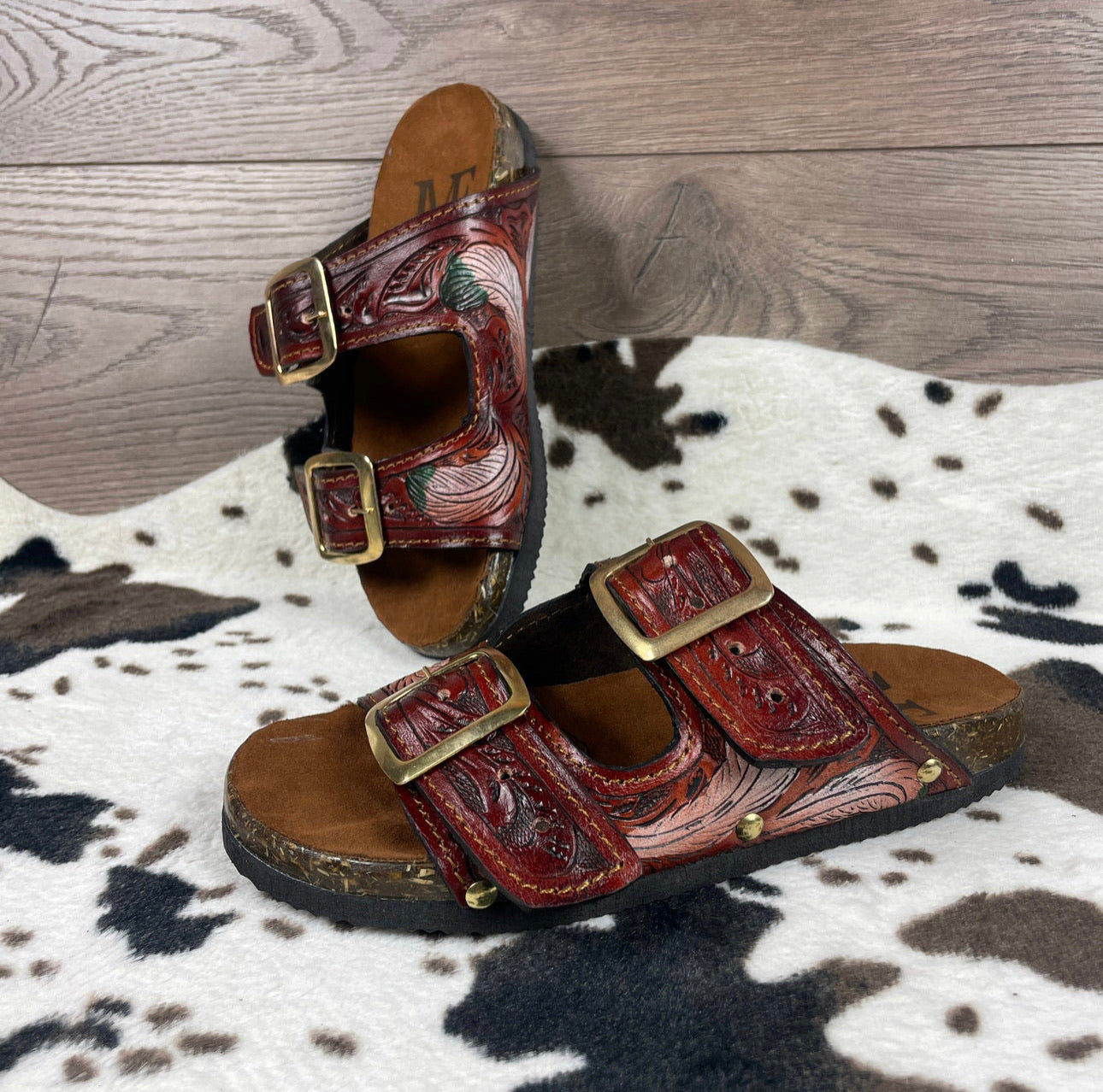 Beautiful handmade hand tooled leather double strap sandals - Size 8US models JJWesternAccessories