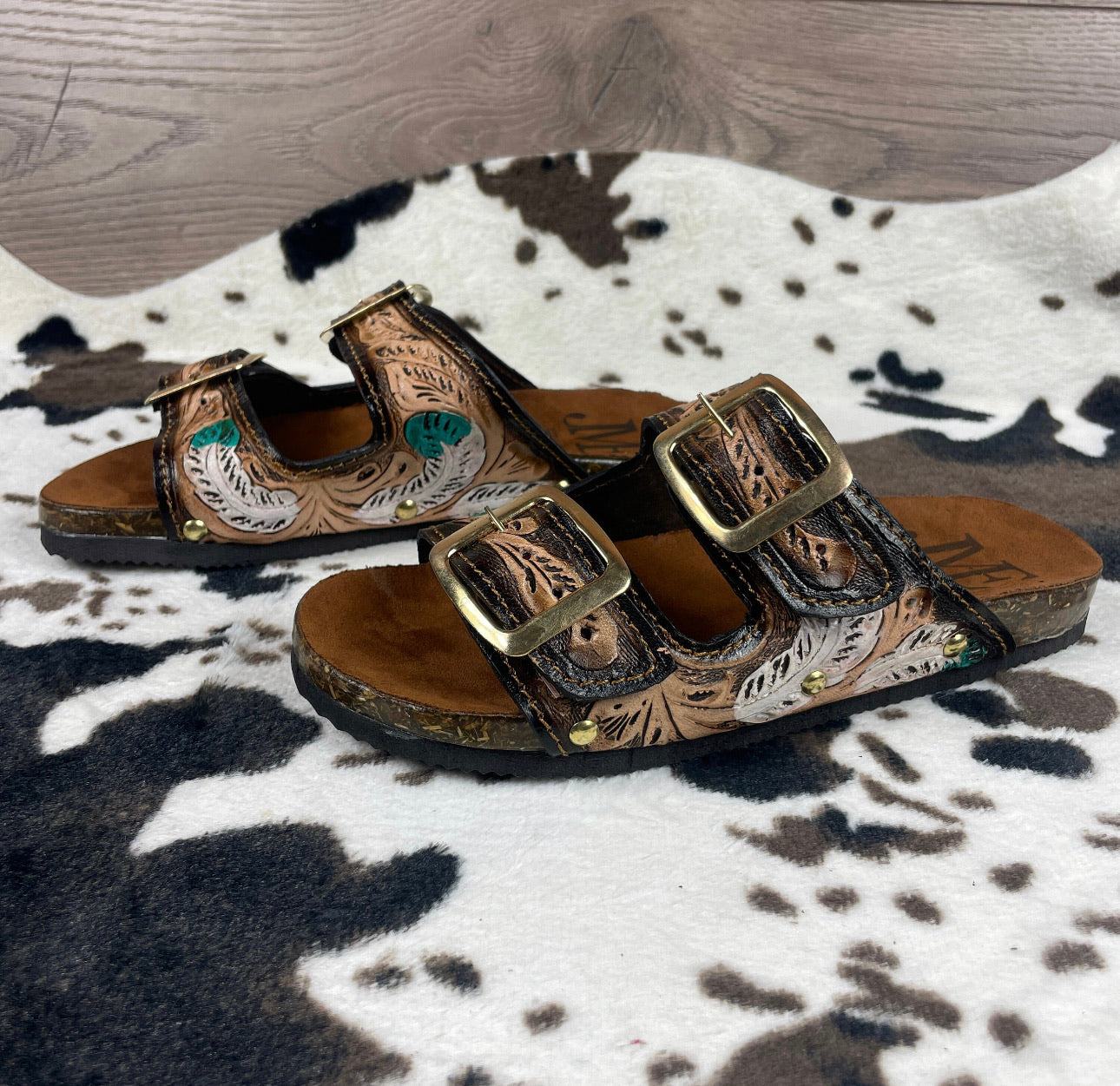 Beautiful handmade hand tooled leather double strap sandals - Size 8US models JJWesternAccessories