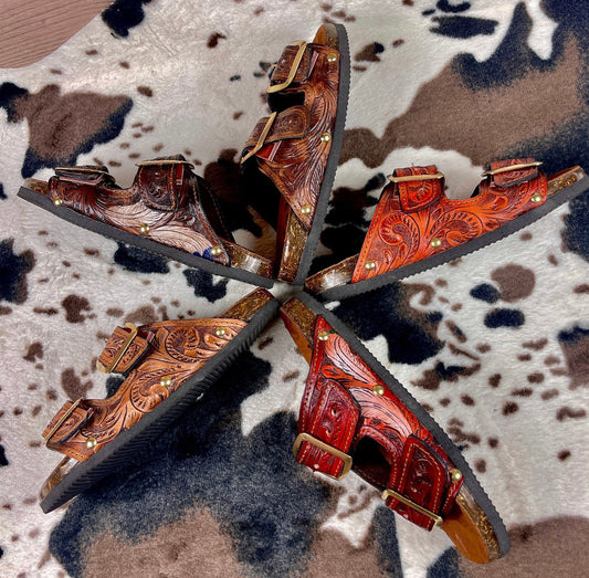 Beautiful handmade hand tooled leather double strap sandals - Size 6US models