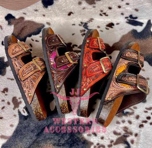 Beautiful handmade hand tooled leather double strap sandals - Size 10US models