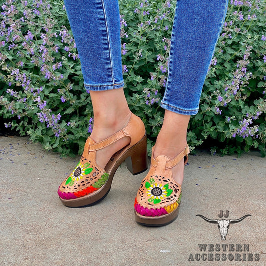 Huaraches Mexicanos Tacon Laser Girasol Laser Cut Sunflower Heel Sandal