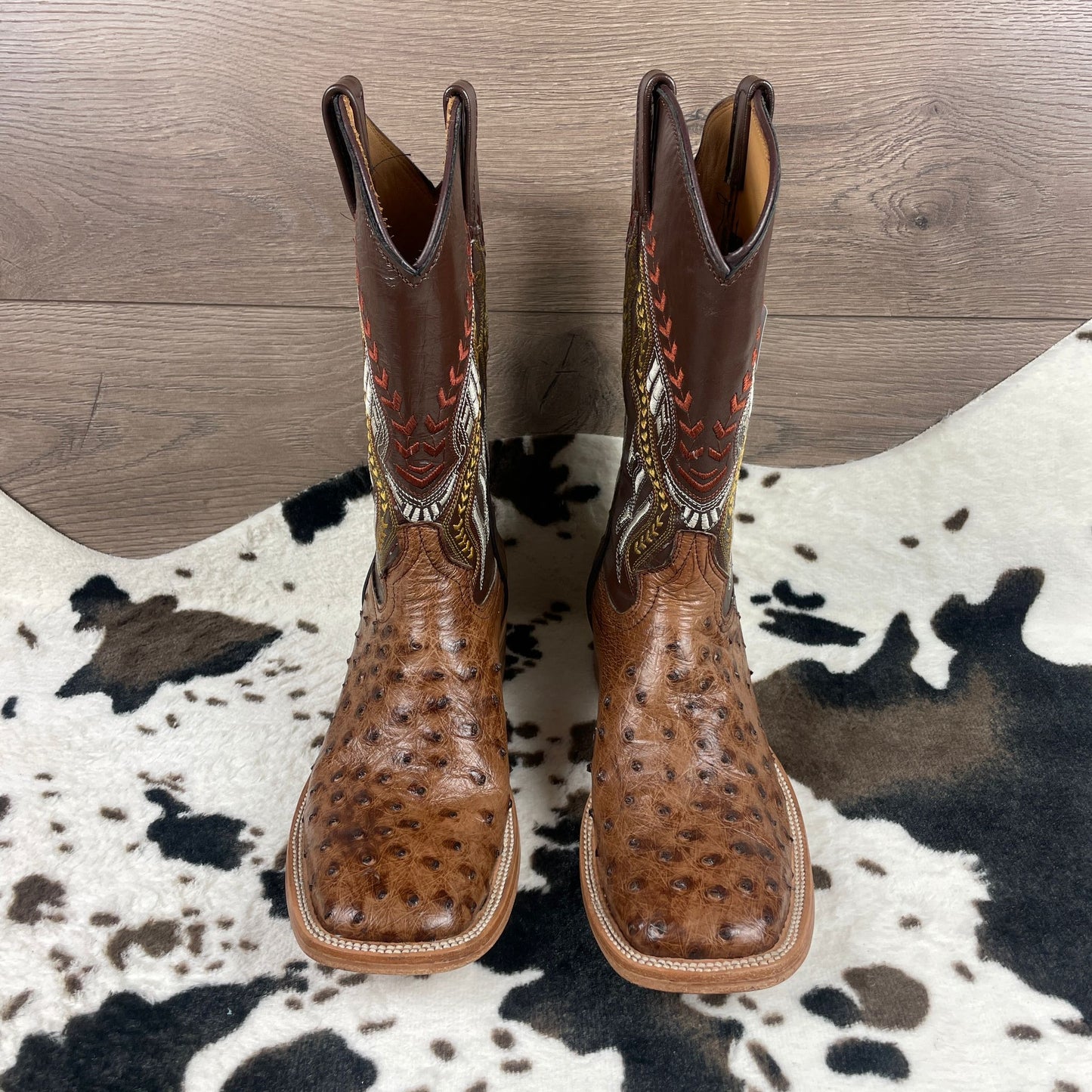 Premium Exotic Full Quill Brown  Double Stitch Square Toe Cowboy Pull On Boots