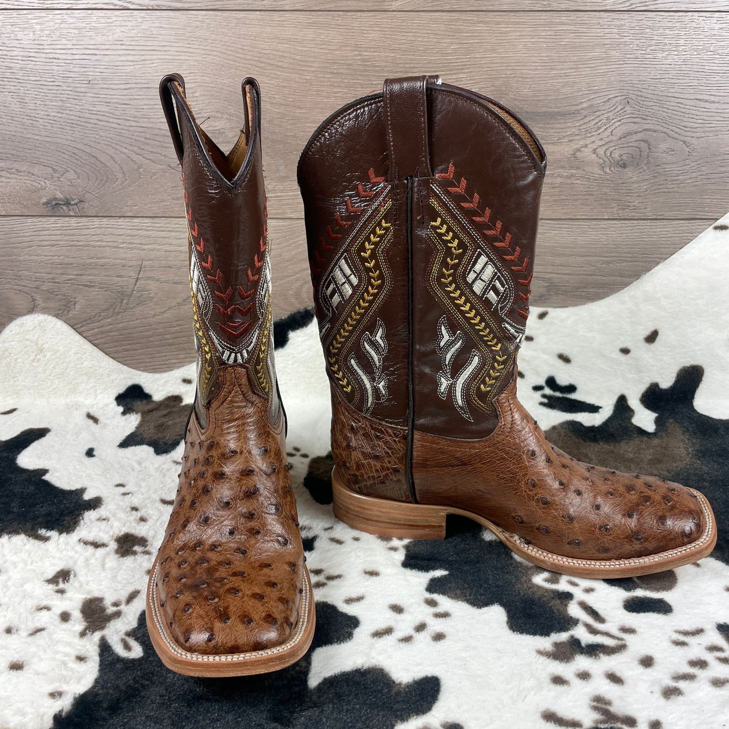 Premium Exotic Full Quill Brown  Double Stitch Square Toe Cowboy Pull On Boots